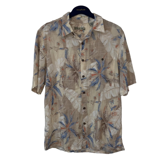 Men's Batik Bay Button Down Shirt Size M Beige Blue Palm Tree Print - Picture 1 of 4
